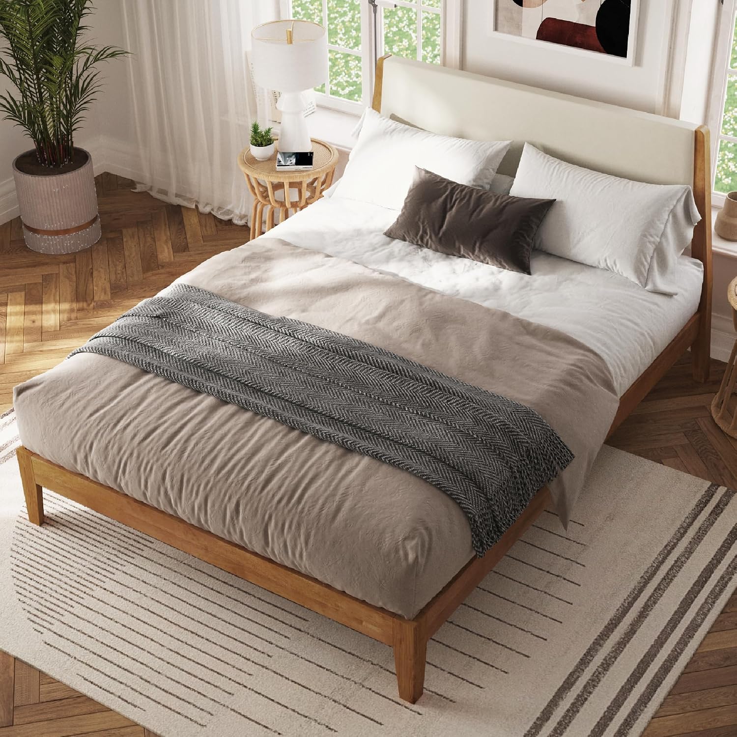DG Casa Vandermark Solid Wood Easy Install Full Bed Frame with Unique Headboard and Wooden Slat Support Included No Box Spring Required - Beige Walnut