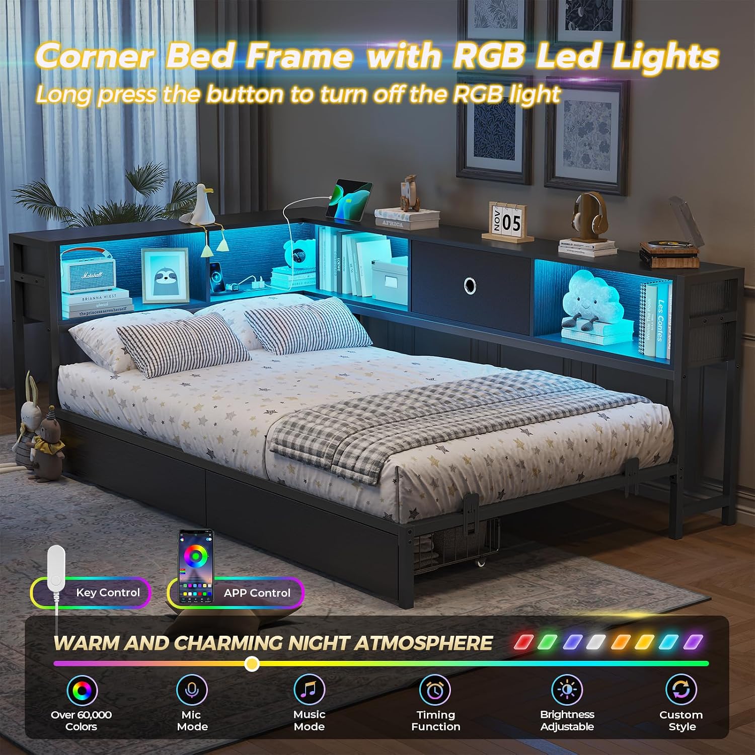 DICTAC Twin Corner Bed Frame with Bookcase Storage and Led Lights Twin Size Metal Platform Bed Frames with Storage Drawers and Charging Station Twin Size Daybed for Kids and Teen,Kids Bed Frame,Black