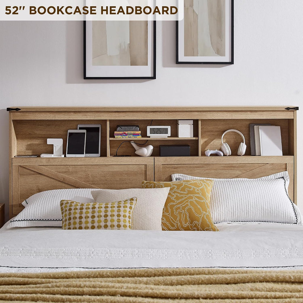 ACCOHOHO King Bed Frame with 52' Headboard and 4 Drawers,LED Light,Charging Station,Solid Wood Slats Support,No Box Spring Needed,Natural Oak