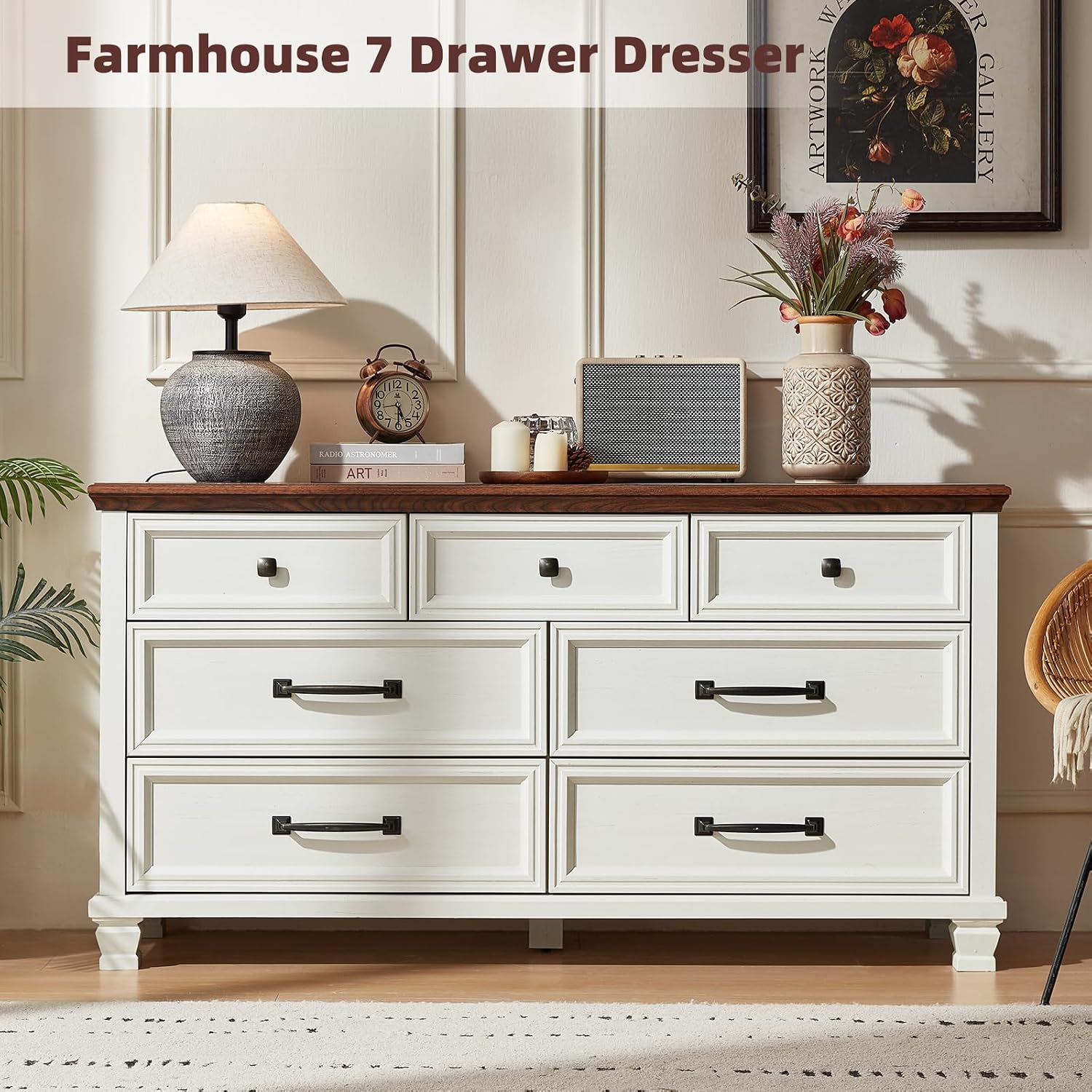 SAVOR LIFE Farmhouse Dresser and Nightstand Sets 3 Piece, 7 Drawer Dresser & 2 Drawer Nightstand Set, Rustic Wood Bedroom Furniture Set for Home, White