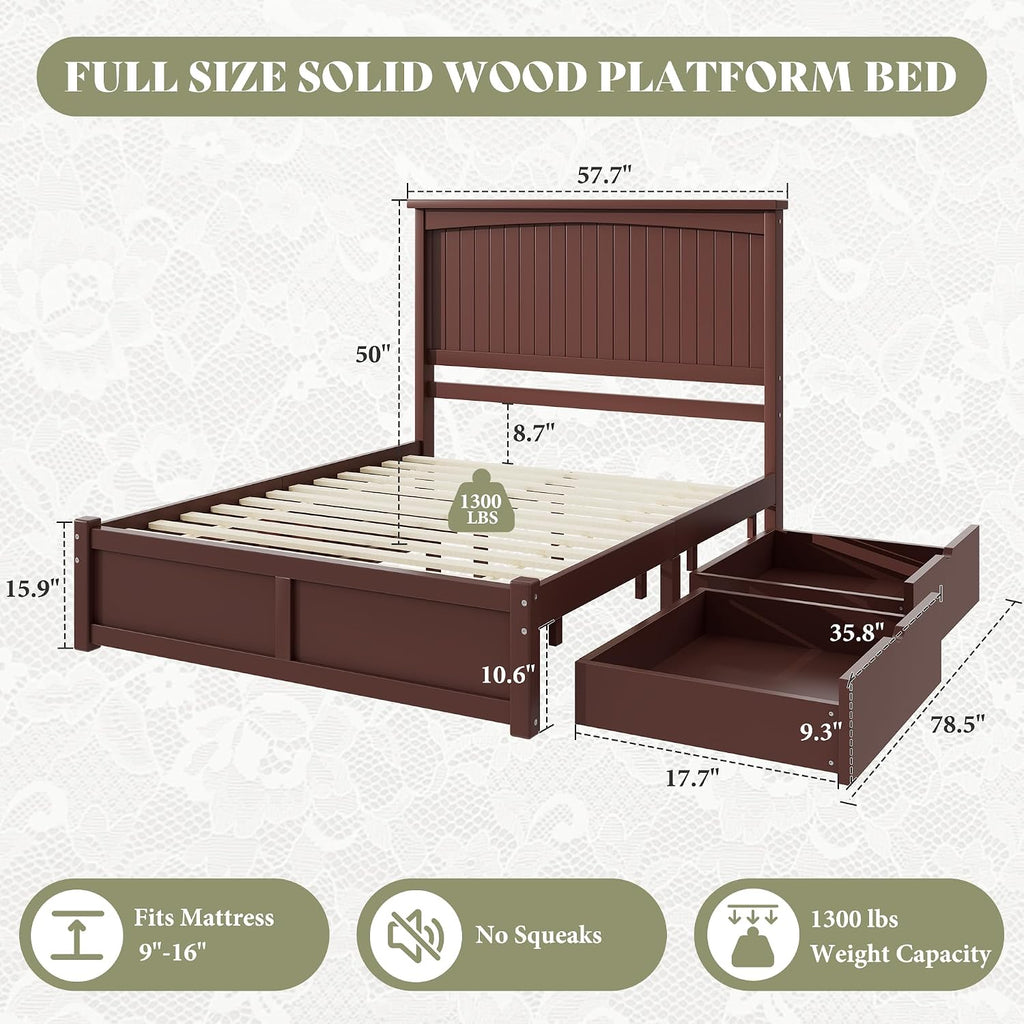 AMERLIFE Solid Wood Full Size Storage Bed Frame with Headboard, Platform Bedframe with 2 Storage Drawers, Beadboard Design & Wooden Slats/No Box Spring Needed/Noise-Free, Espresso Brown Finish