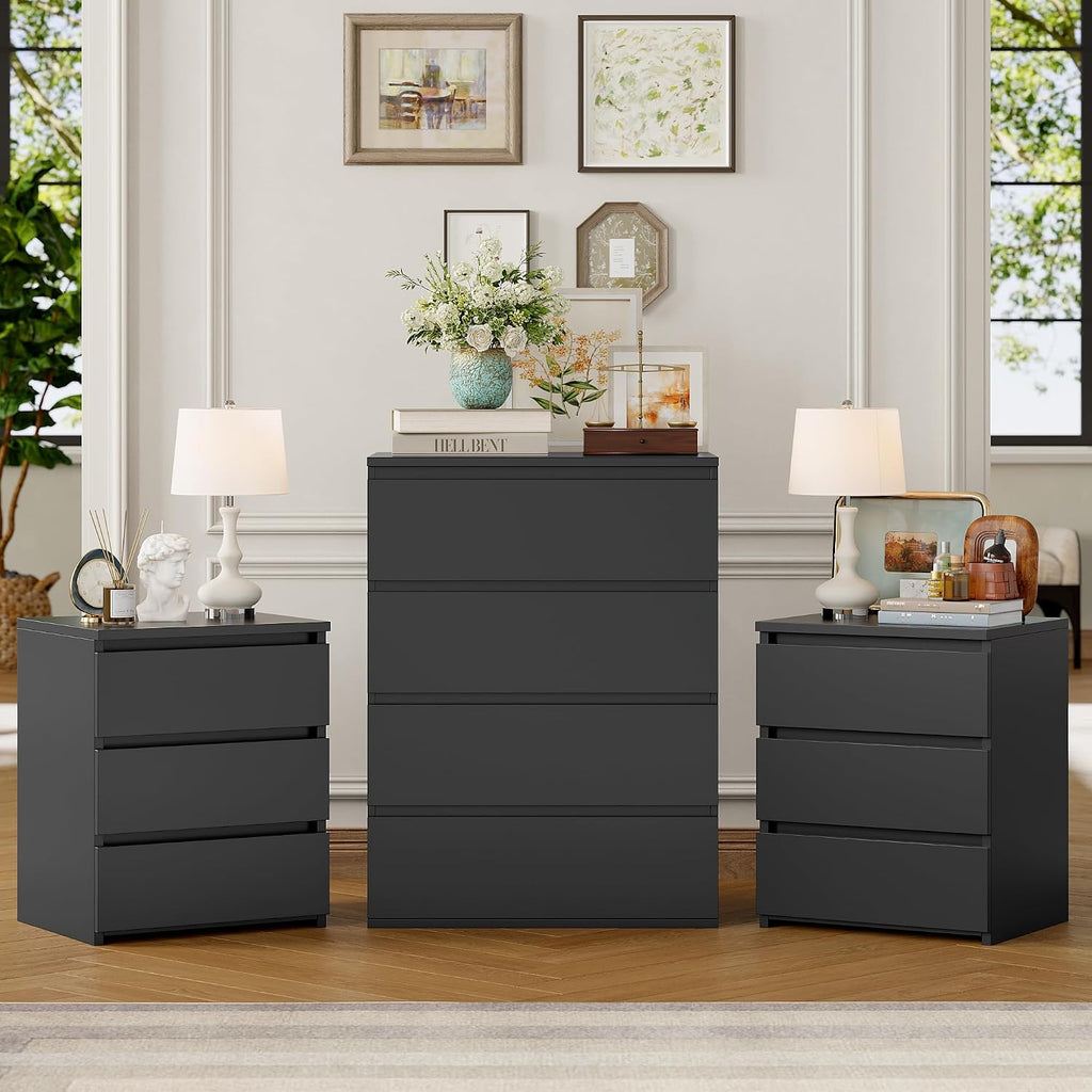 FOTOSOK Bedroom Set, White Dresser and Nightstand Sets for Bedroom, 3 Piece Bedroom Set, Night Stand Set of 2 & 4 Drawer Dresser Set, Chest of Drawers Storage Cabinet Set, Black