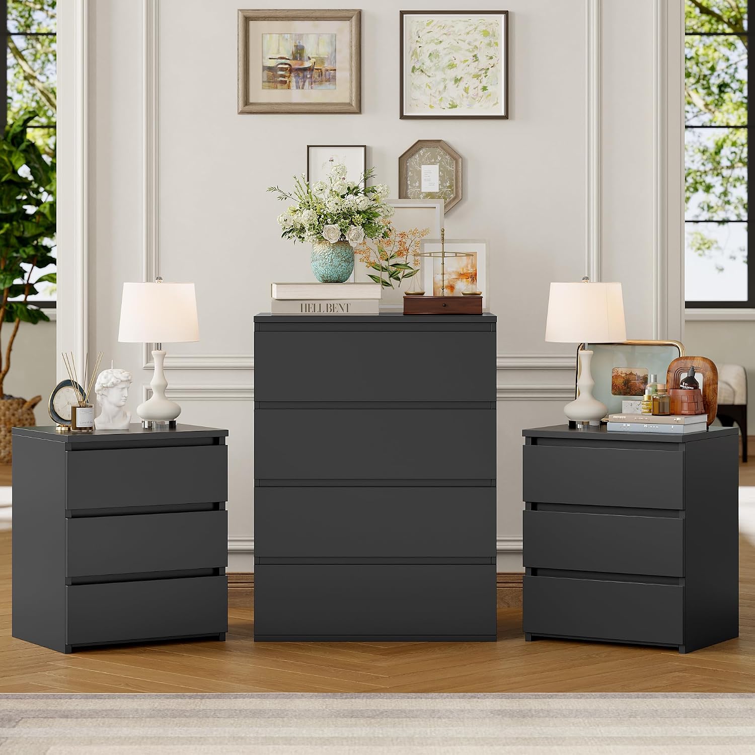 FOTOSOK Bedroom Set, White Dresser and Nightstand Sets for Bedroom, 3 Piece Bedroom Set, Night Stand Set of 2 & 4 Drawer Dresser Set, Chest of Drawers Storage Cabinet Set, Black