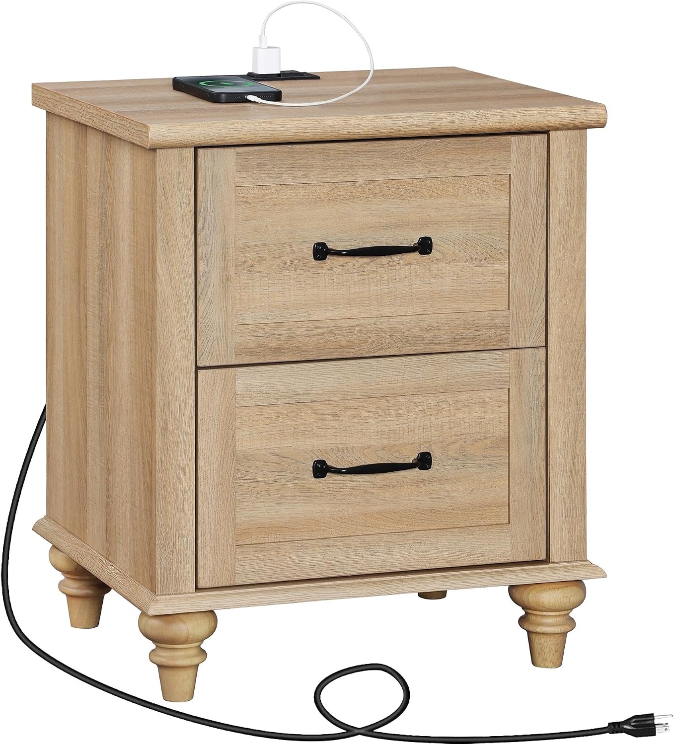 WAMPAT Nightstand with Charging Station, 20 Inch Night Stand with 2 Drawers, Wooden Rustic Bedside Table End Tables with Solid Wood Legs for Bedroom, Natural Oak