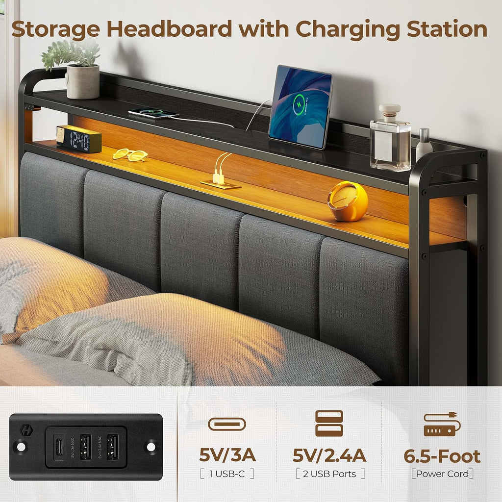 Rolanstar Queen Bed Frame with LED Lights, Upholstered Headboard, Charging Station, Storage Shelves, Heavy Duty Metal Slats, No Box Spring Needed, Noise Free, Easy Assembly, Grey