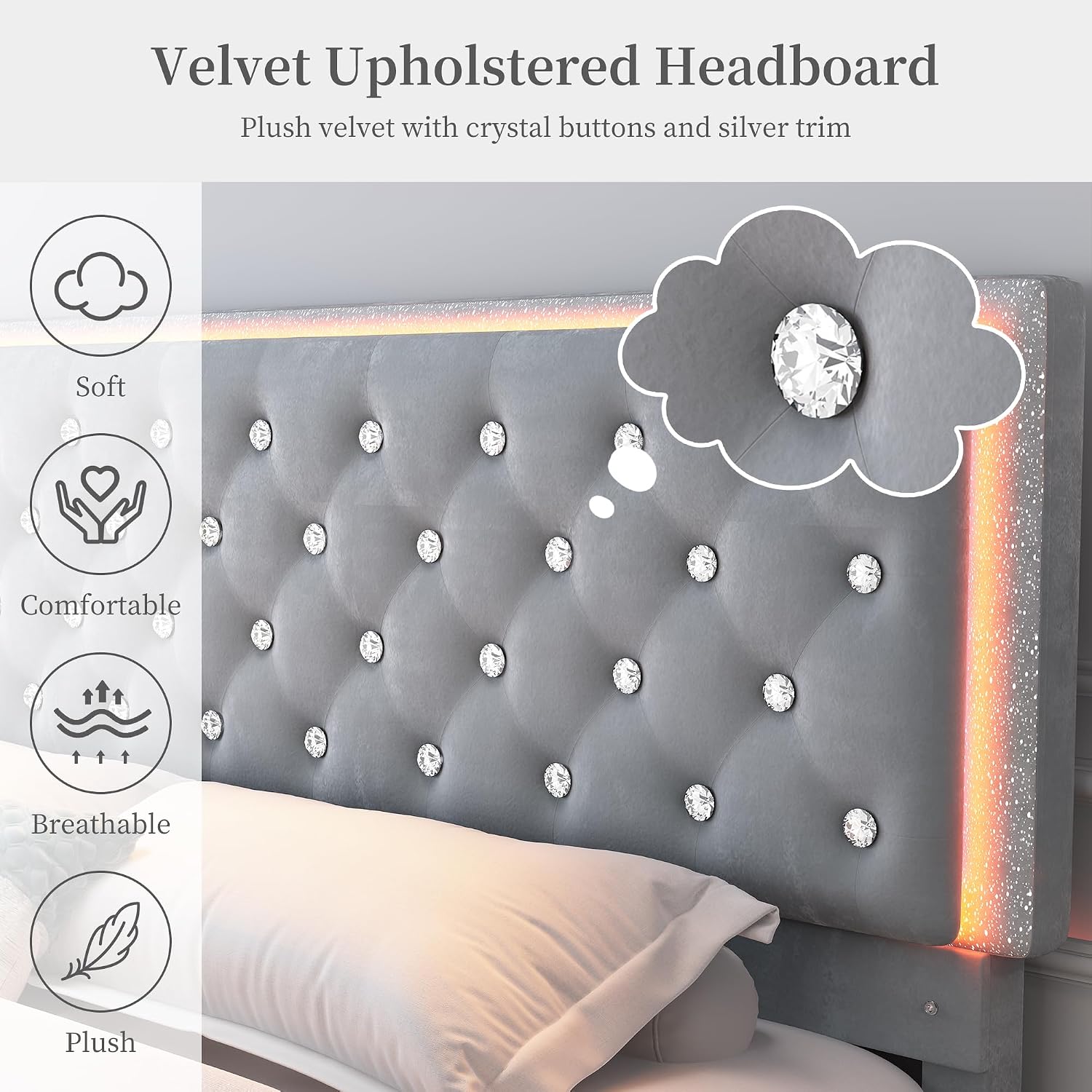 SIBEDS Full Led Bed Frame with 2 Drawers, Upholstered Platform Storage Bed Frames Full Size with Crystal Button Tufted Headboard Footboard, Solid Slats, Noise Free, No Box Spring Needed, Velvet Grey