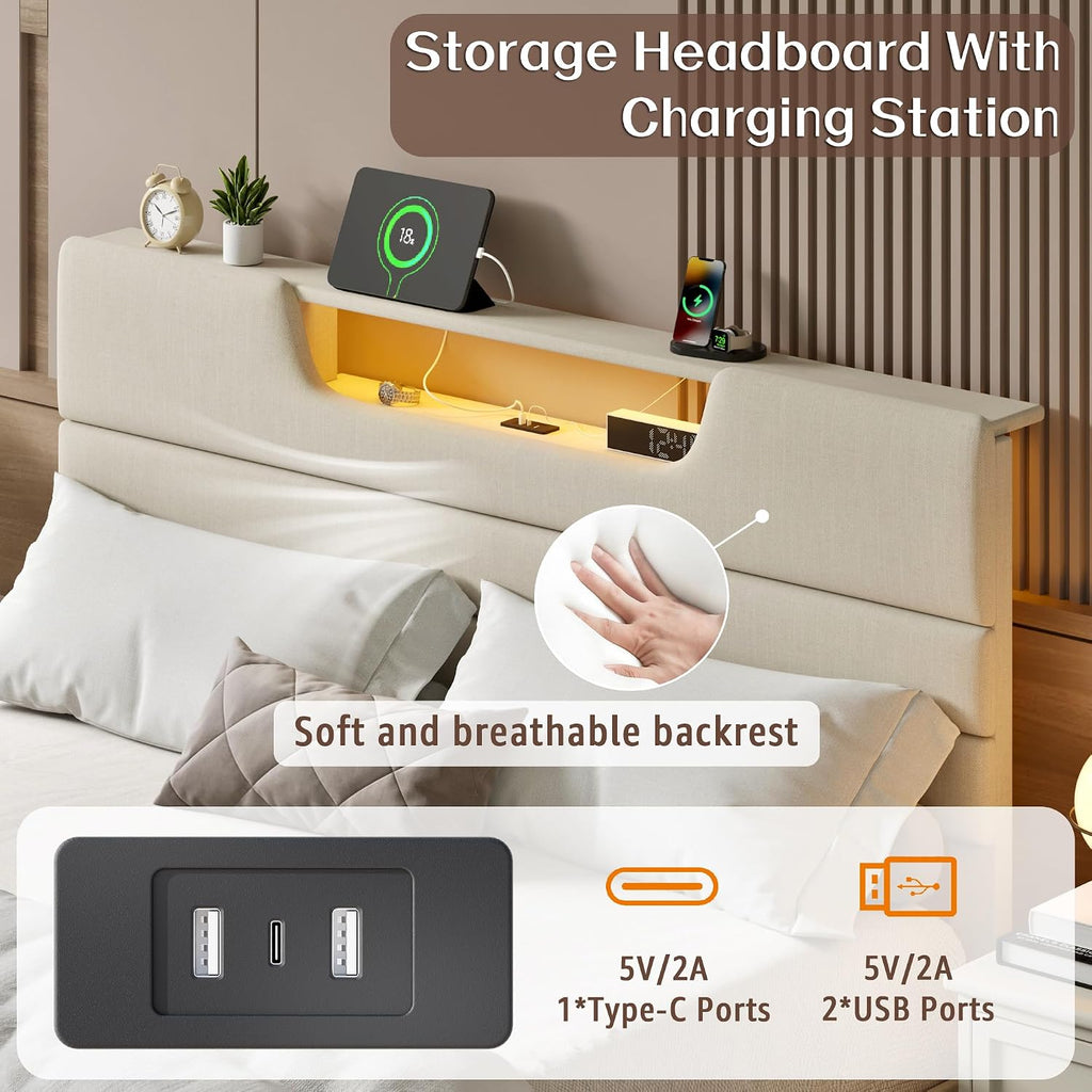 OURPIC Queen Size Bed Frames with Upholstered Headboard, Modern Platform Bed with Charging Station and Led Lights, Bed Frame with Sturdy Wooden Slats/No Box Spring Needed/2-Tier Storage, Beige