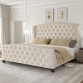 LARMACE Queen Size Bed Frame Velvet Upholstered Platform Bed with Wingback Headboard & Footbaord, Deep Button Tufted Bed Frame with Wood Slats Support, No Box Spring Needed, Beige