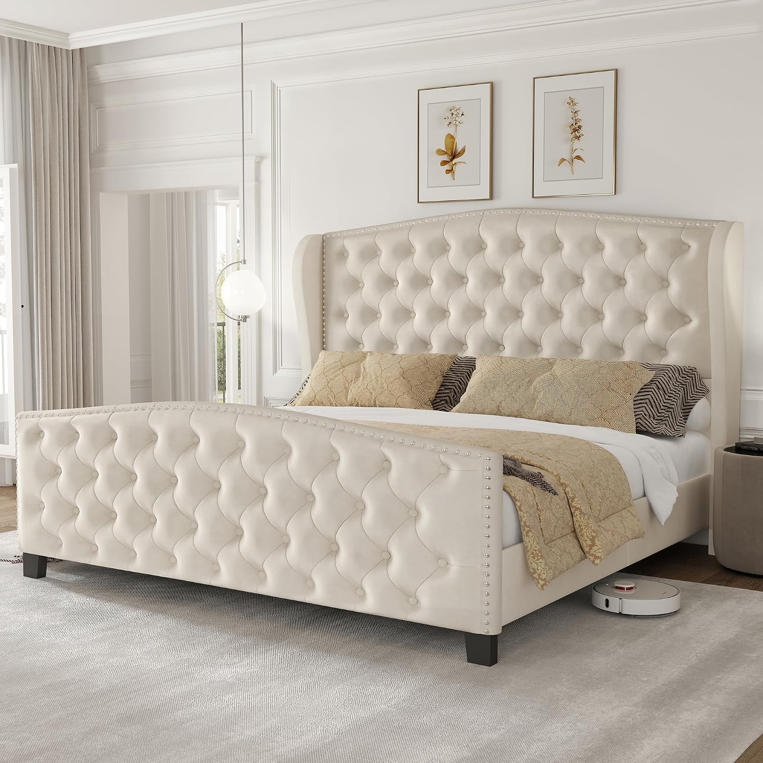 LARMACE Queen Size Bed Frame Velvet Upholstered Platform Bed with Wingback Headboard & Footbaord, Deep Button Tufted Bed Frame with Wood Slats Support, No Box Spring Needed, Beige