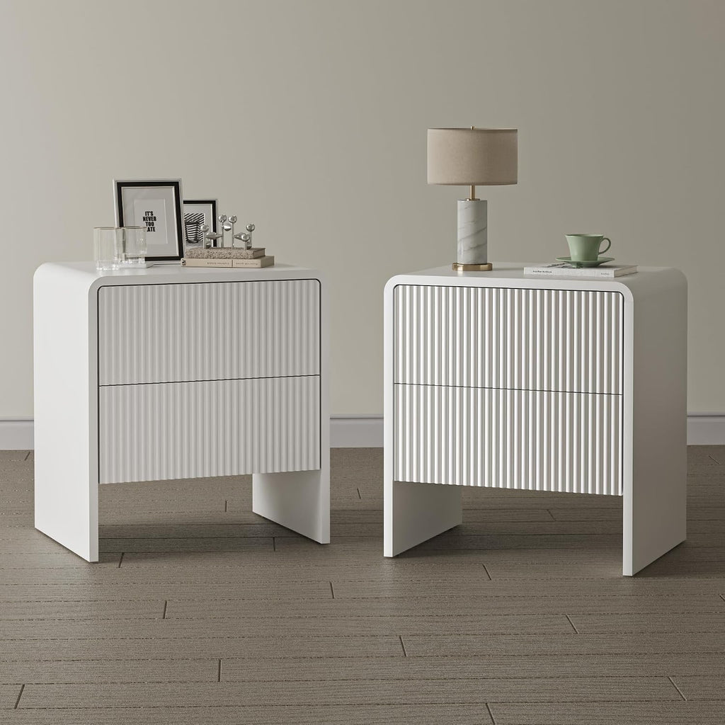 Set of 2 Curved Nightstand with 2 Drawers, Wooden Bedside Table with Push to Open Storage, Modern End Table for Bedroom, White