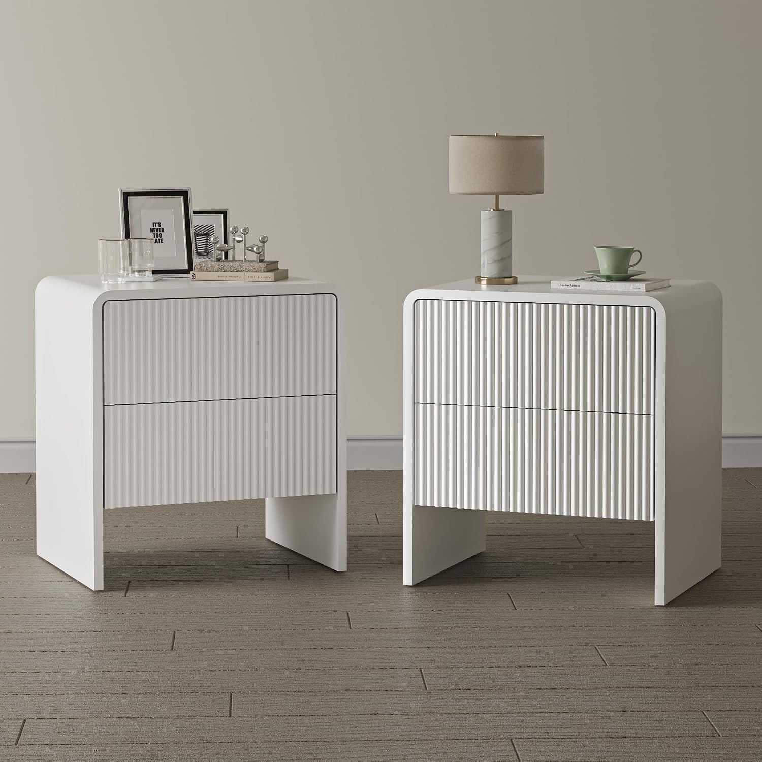 Set of 2 Curved Nightstand with 2 Drawers, Wooden Bedside Table with Push to Open Storage, Modern End Table for Bedroom, White