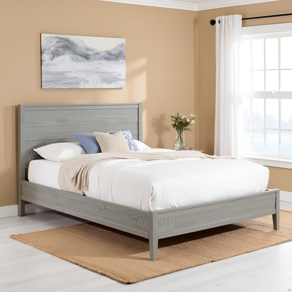 Arden Queen Size Panel Bed Frame – Solid Brazilian Pine Wood with High 50' Headboard, Low 18' Footboard, 8' Underbed Clearance – Modern Contemporary Bedroom by Alaterre Furniture (Driftwood Gray)
