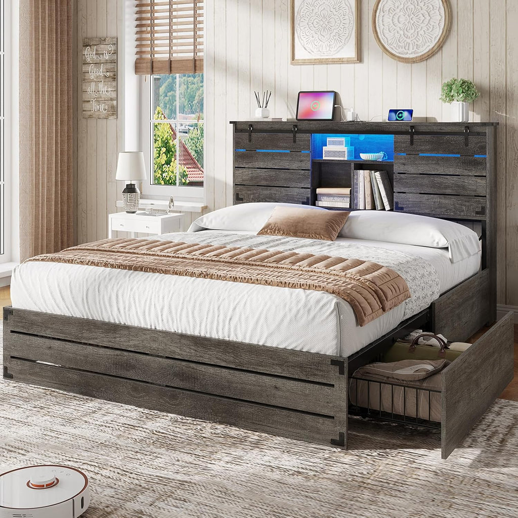 VIAGDO Wooden Bed Frame Queen Size with Bookcase Headboard and Sliding Barn Door, Farmhouse Queen Bed Frame with Charging Station, LED Lights and 4 Storage Drawers, No Box Spring Needed, Grey