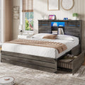 VIAGDO Wooden Bed Frame Queen Size with Bookcase Headboard and Sliding Barn Door, Farmhouse Queen Bed Frame with Charging Station, LED Lights and 4 Storage Drawers, No Box Spring Needed, Grey
