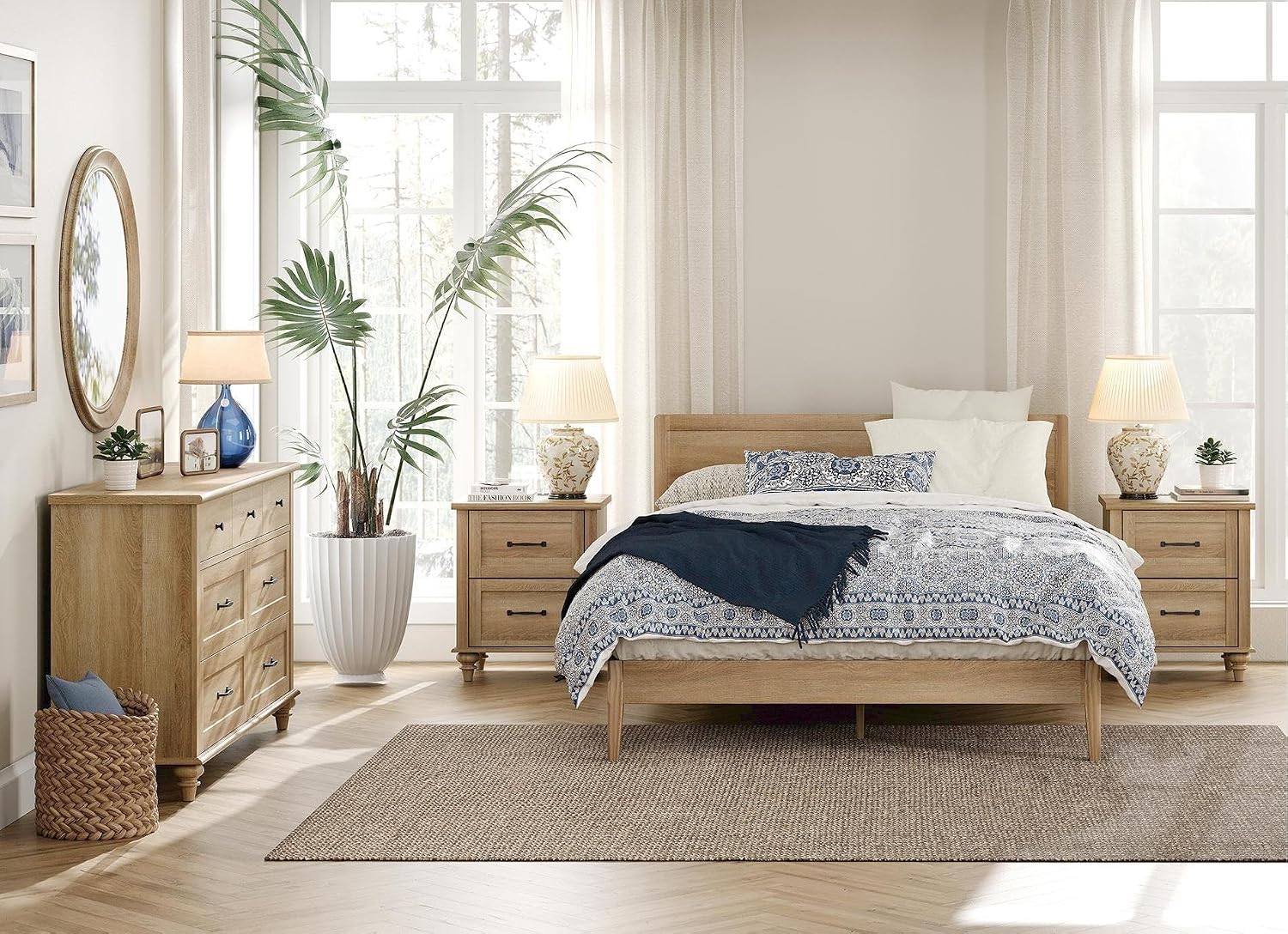 WAMPAT 3 Piece Bedroom Set - Includes 7 Drawer Dresser for Bedroom, Set of 2 Night Stands with Charging Station & Drawers, 3 Piece Dresser and Nightstand Sets, Oak