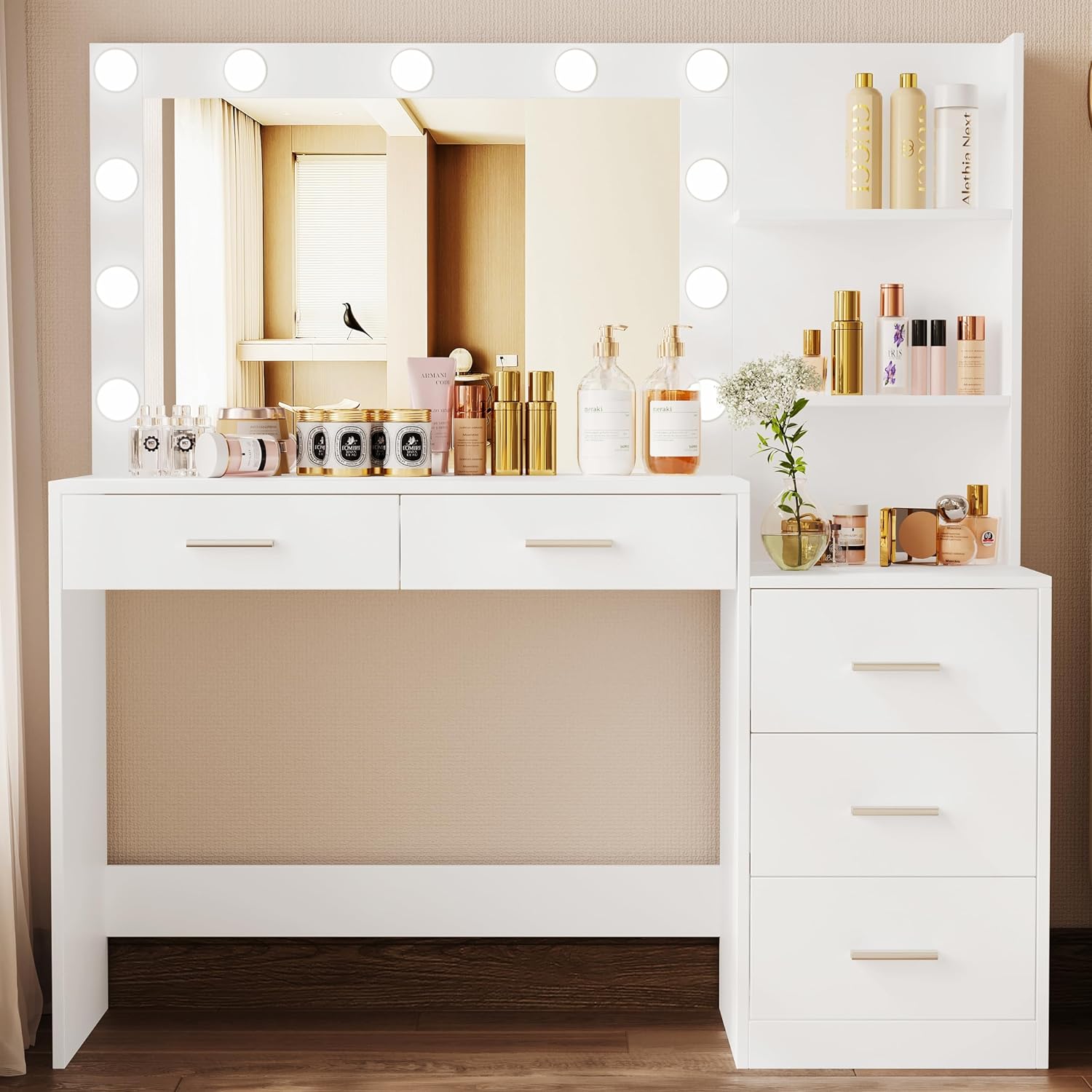 Rovaurx 46.7' Makeup Vanity Table with Lighted Mirror, Large Vanity Desk with Storage Shelf & 5 Drawers, Bedroom Dressing Table, 11 LED Lights, White