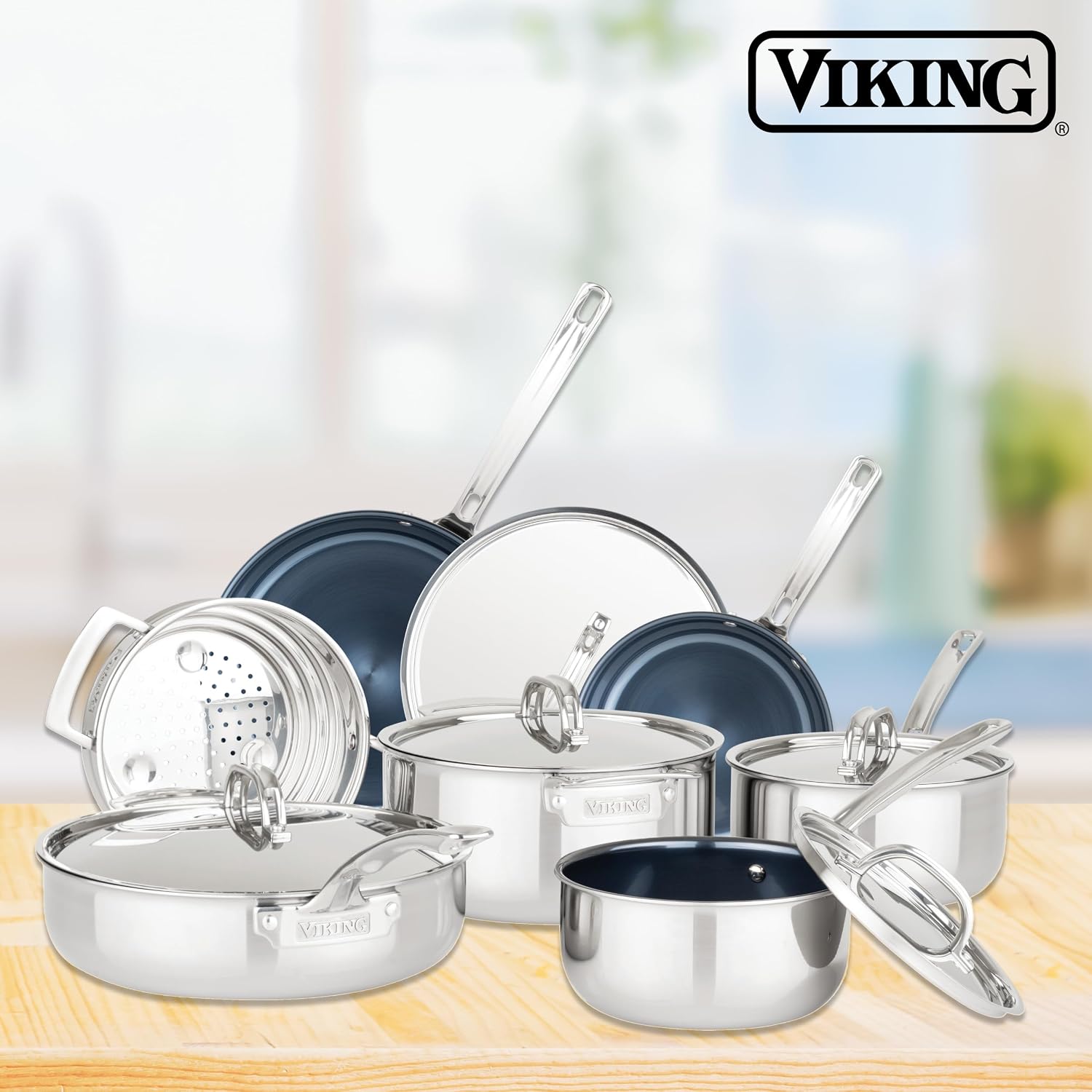 Viking 4-Ply Frying Pan, 10 Inch Laser Clad Titanium Performance Ti Kitchen Cookware, Blue/SIlver