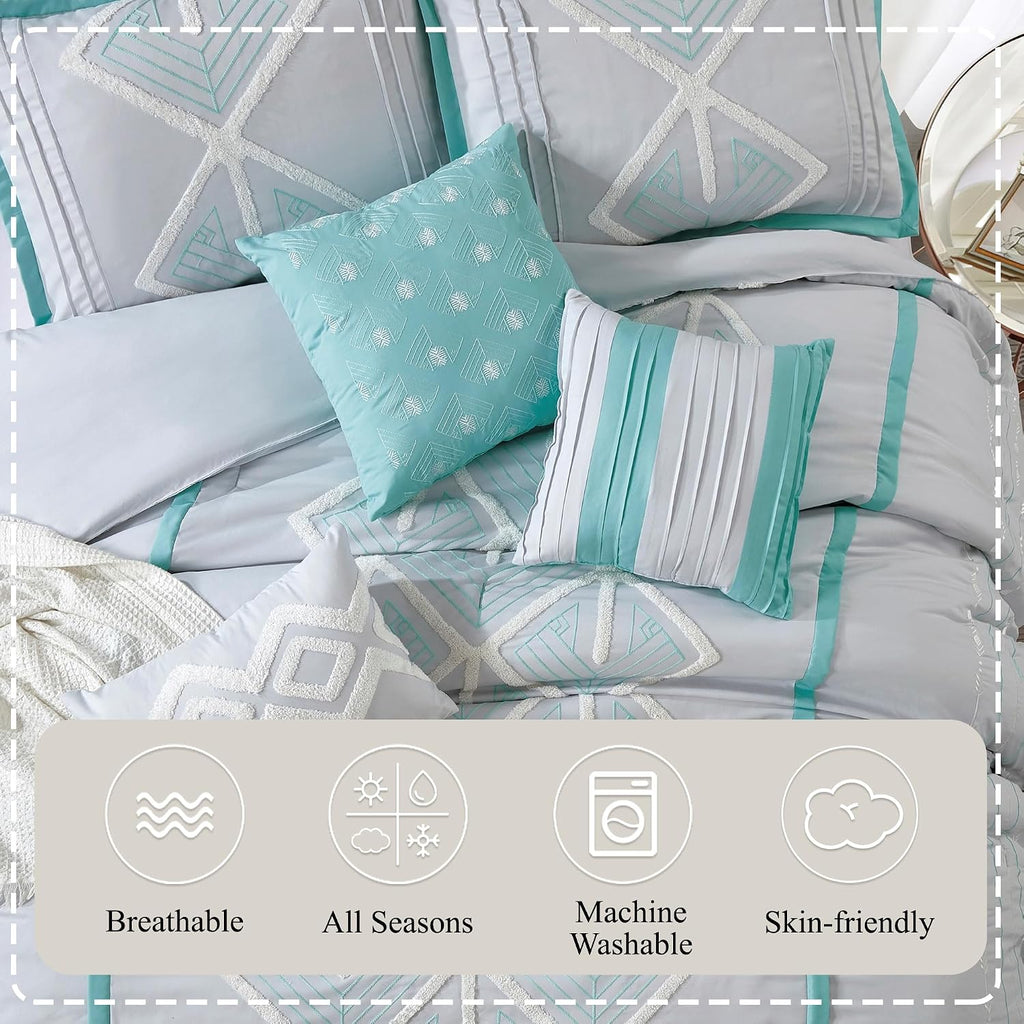 Stratford Park Blue Comforter Set California King Size, 7 Piece, Terry Embroidery Geometric Home Decor, Matcking Bed Skirt, Pillows & Shams, All Season Bedding Set