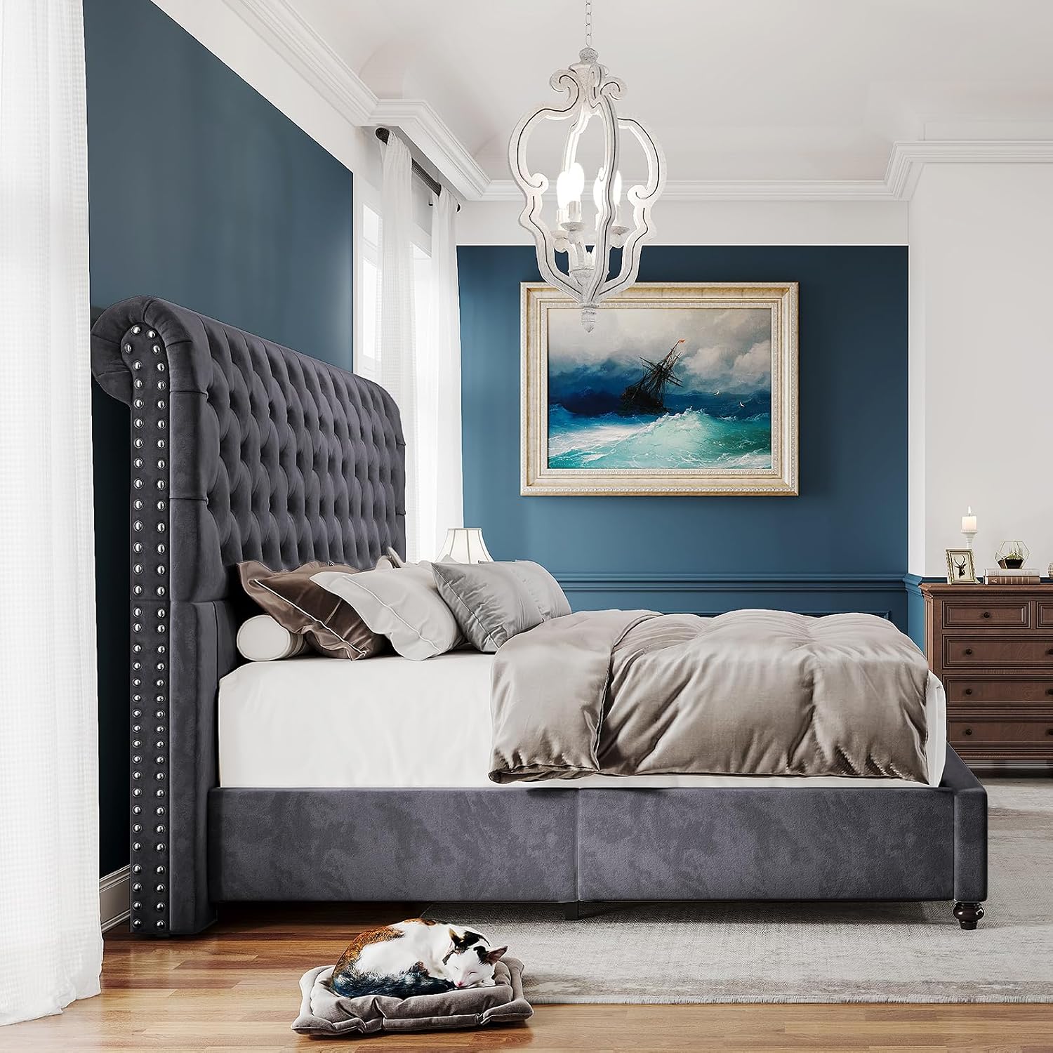 PaPaJet Bed Frame Queen Size Upholstered Platform Bed with 53'' Tall Sleigh Headboard, Button Tufted, No Box Spring Needed, Easy Assembly, Dark Grey