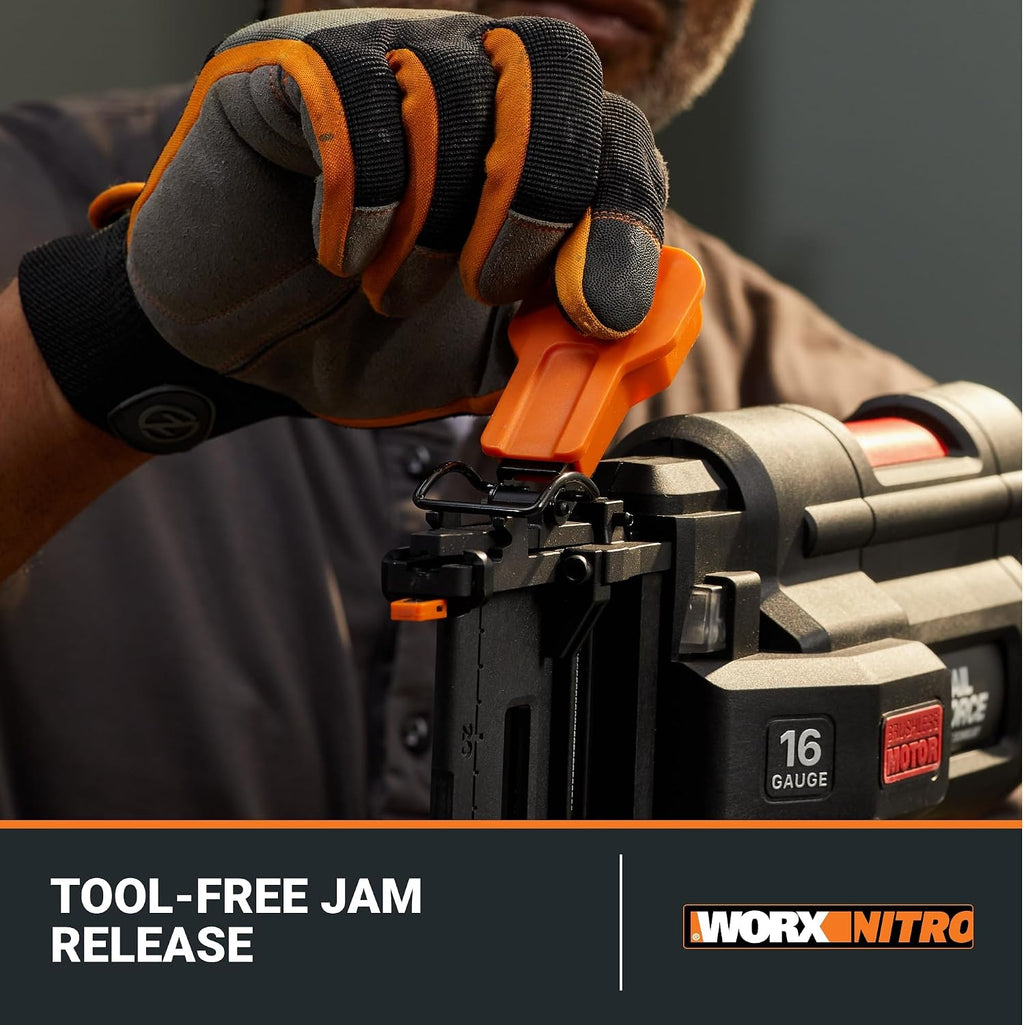 Worx Nitro 20V 16GA Finish Nailer Cordless 70 Nails/Min Sinks Up to 2-1/2', Compact Cordless Nail Gun w/Tool-Free Jam Release, Brushless Nail Gun Battery Powered WX841L – Battery & Charger Included
