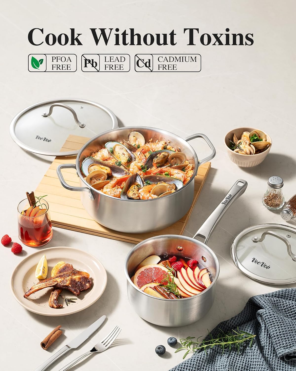 Stainless Steel Cookware Set,Tir-Ply Pots and Pans Set,10 Pcs Stainless Steel Induction Kitchen Cookware Sets,PFOA Free, Frying Pans, Butter warmer,Saute Pan & Stock Pot,Compatible with All Cooktops