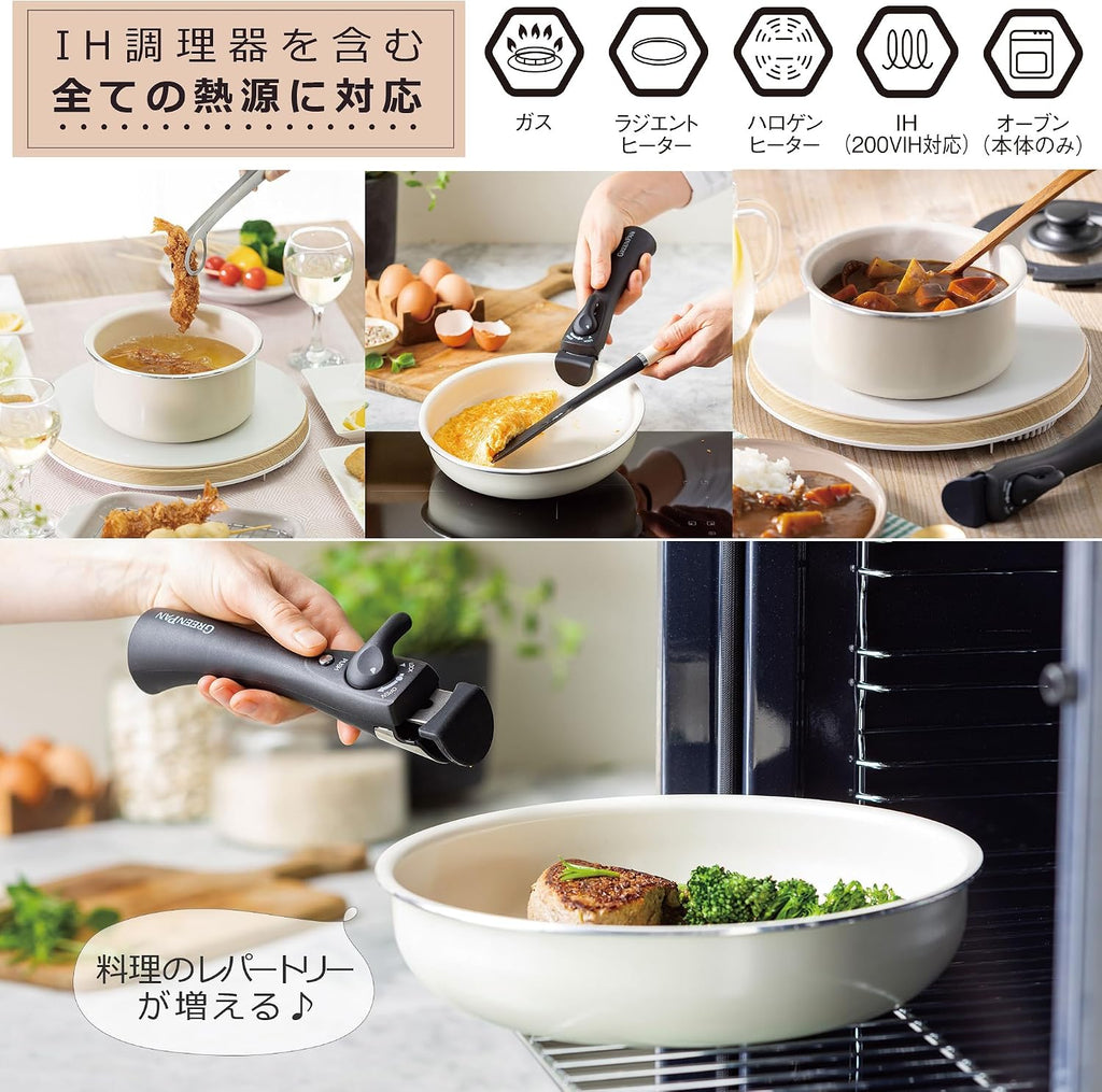 GREENPAN CC007539-004 Green Bread Frying Pan, Egg Pot, Set of 5, Removable Handle, IH Gas, Dishwasher Safe, Non-Toxic Substances, PFAS Free, Ceramic Coating, Click Chef, Stick-Resistant, Easy to