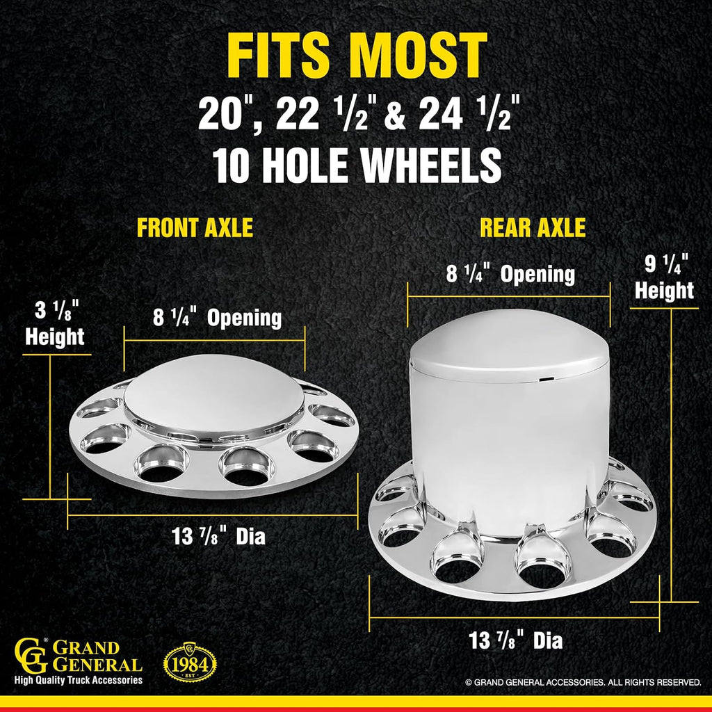 GG Grand General 40232 Chrome Plastic Complete ABS Axle Set (2 Front and 4 Rear) with Standard Hub Caps and Push-On 33mm Lug Nut Covers for Trucks, 4 Pack