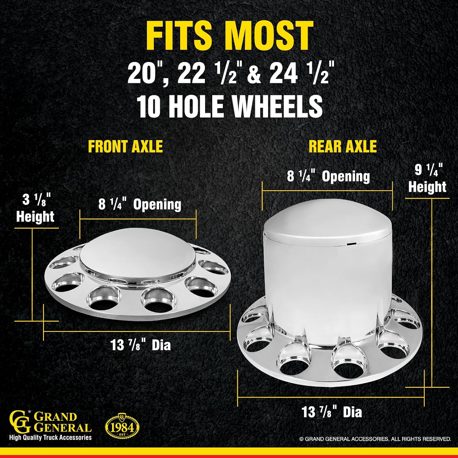 GG Grand General 40234 Chrome Plastic Complete ABS Axle Set (2 Front and 4 Rear) with Standard Hub Caps and Push-On Lug Nut Covers for Trucks, 4 Pack, 1-1/2' x 3'