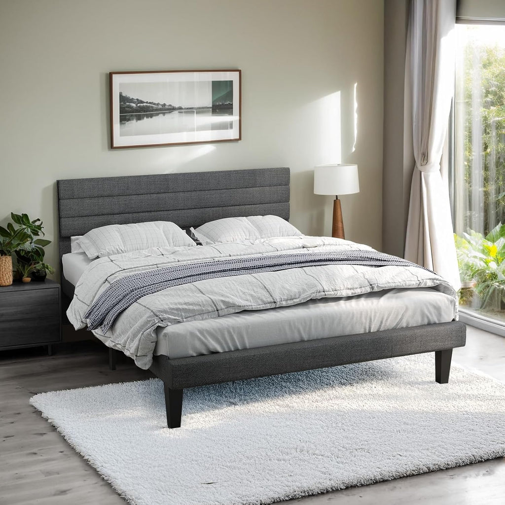 VINGLI Full Bed Frame with Headboard,Upholstered Platform Bed with Adjustable Headboard,Heavy Duty Slats Support,Mid Century Modern,Noise Free, No Box Spring Needed, Dark Gray