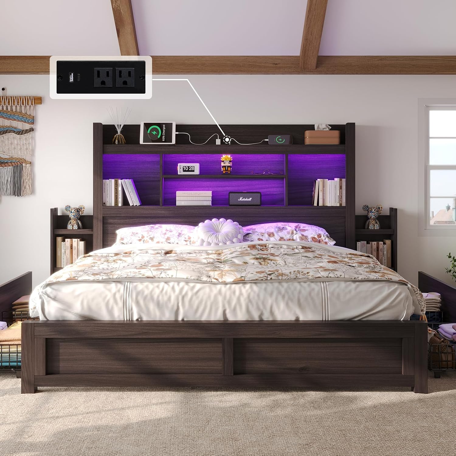 LUXOAK King Bed Frame with 49.6' Bookcase Headboard & 2 Bedside Stoage Racks & 4 Drawers, Farmhouse Wood Bed Frame with RGB LED & Charging Station, No Box Spring Needed, Black