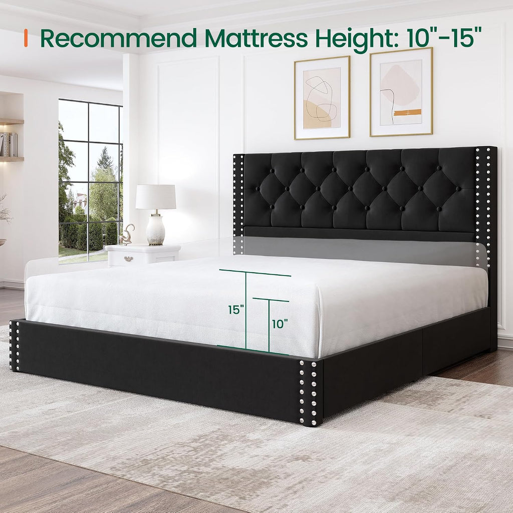 LARMACE Queen Size Platform Bed Frame with 4 Storage Drawers and Tufted Headboard Upholstered Bed Frame with Heavy Duty Wood Slats, No Box Spring Needed, Easy Assembly, Black