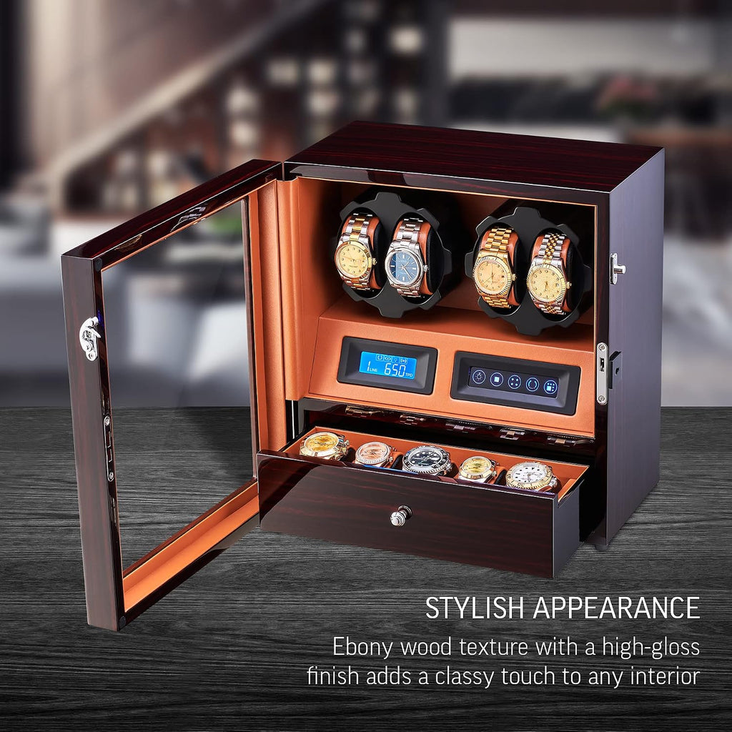 4 Watch Winder with 5 Watch Storage Space, LCD Display, Touch Control and Interior Light
