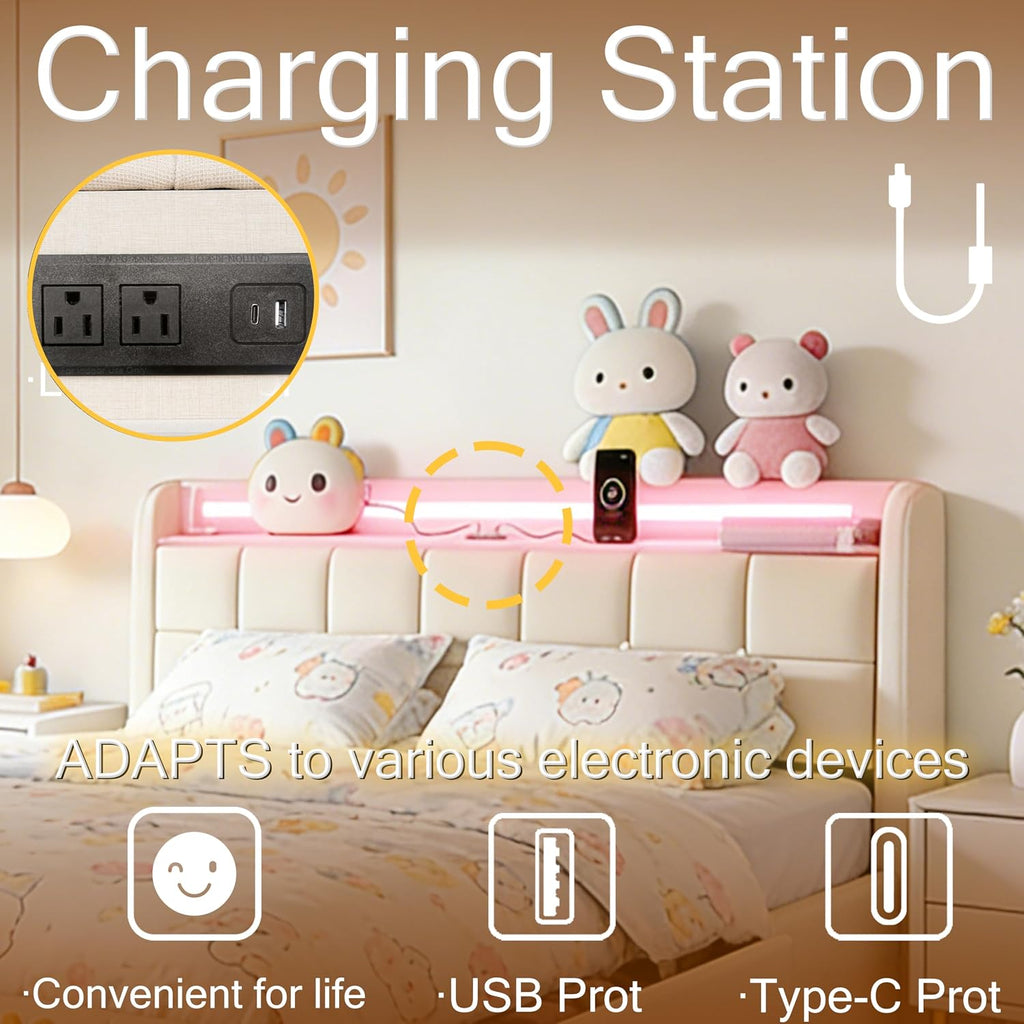 Juego 3 in 1 Queen Bed Frame with RGB LED Light, Socket & USB & Type-C Charging Station,4 Drawers, Wooden Slats, Upholstered Bed, Noise-Free, No Box Spring Needed (Beige, Queen (U.S. Standard))