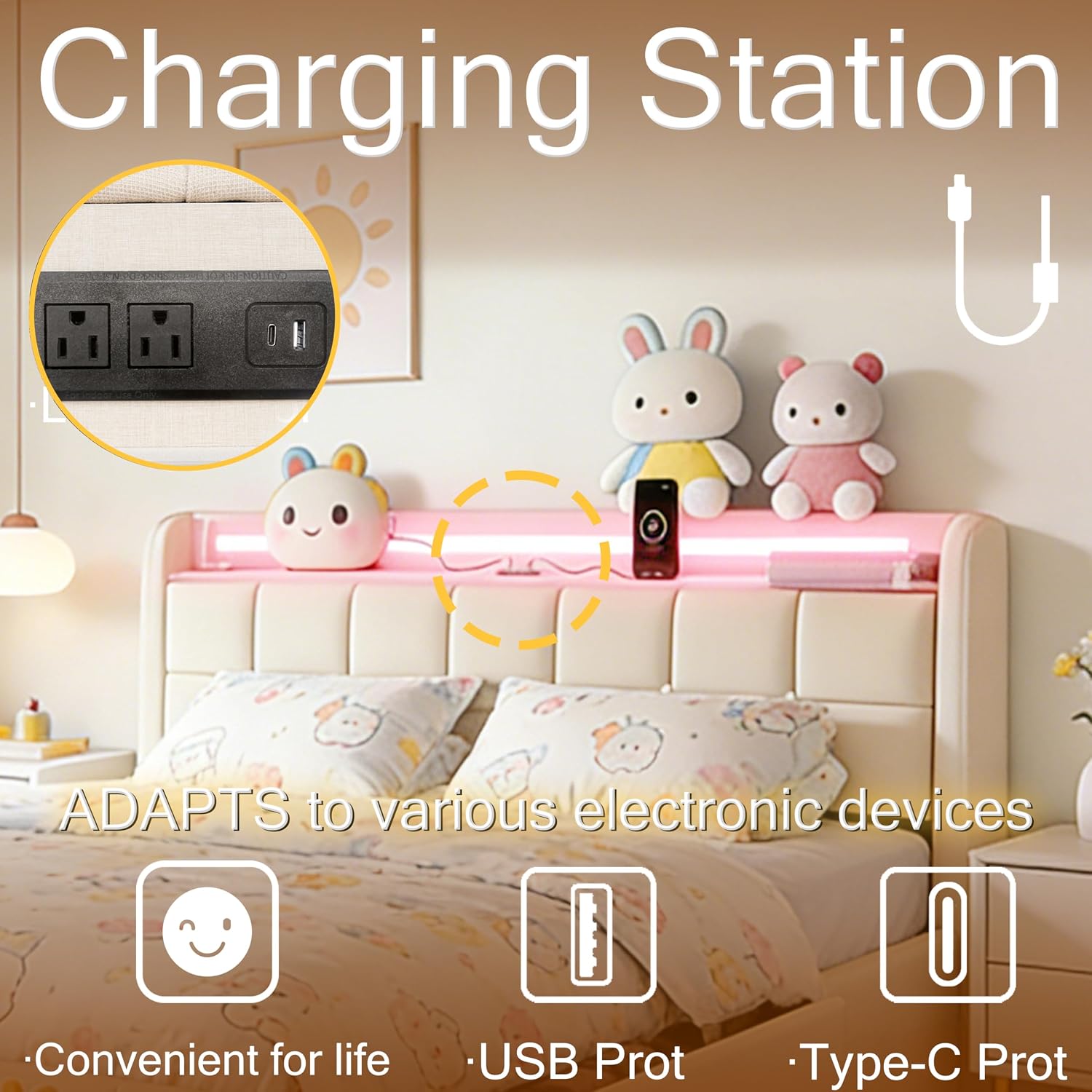Juego 3 in 1 Queen Bed Frame with RGB LED Light, Socket & USB & Type-C Charging Station,4 Drawers, Wooden Slats, Upholstered Bed, Noise-Free, No Box Spring Needed (Beige, Queen (U.S. Standard))