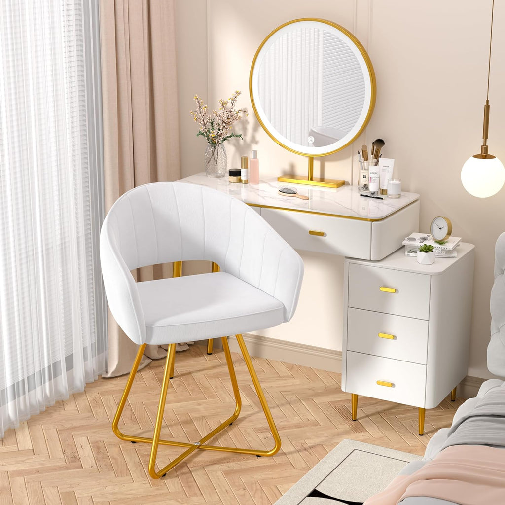 VECELO Velvet Accent Chair Set of 2, Luxury Vanity & Dining Chair with Gold Cross Base, 360°Swivel Upholstered Armchair for Living Room, Bedroom, Home Office, Pearl White