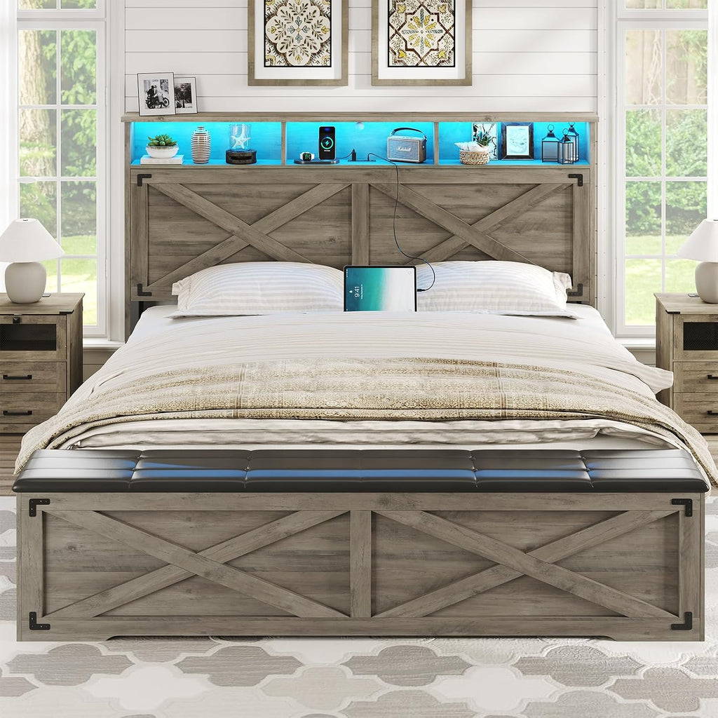 DICTAC Farmhouse Queen Bed Frame with Storage Headboard and Charging Station Wood Platform Bed Frame Queen Size with Storage Ottoman and Led Lights,Metal Slats Support,No Box Spring Required,Oak Gray