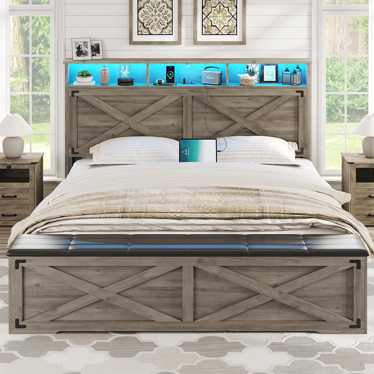 DICTAC Farmhouse Queen Bed Frame with Storage Headboard and Charging Station Wood Platform Bed Frame Queen Size with Storage Ottoman and Led Lights,Metal Slats Support,No Box Spring Required,Oak Gray