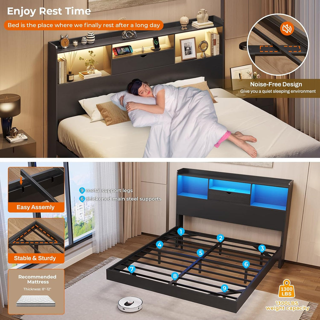 DICTAC Full Floating Bed Frame with LED Lights and Storage Headboard, Visual Floating Bed with Charing Station, Full Size Metal Platform Bed with Stable Structure, No Box Spring Need, Easy Assembly