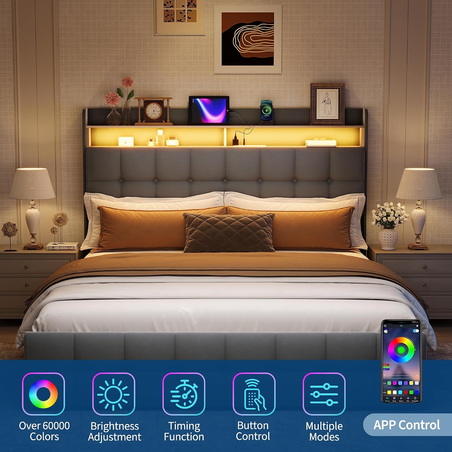 Garvee Queen Size Bed Frame with 2 Storage Drawers, Upholstered Bed Frame Queen with LED Light, Double-Layer Bedside Headboard with Charging Socket and USB Port, Soft Plush Fabric, Grey