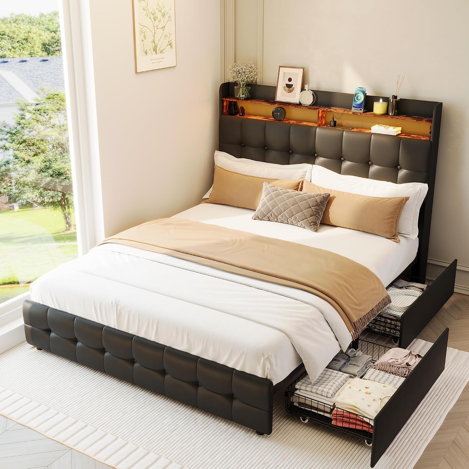 Garvee Queen Size Bed Frame with 2 Storage Drawers, Upholstered Bed Frame Queen with LED Light, Double-Layer Bedside Headboard with Charging Socket and USB Port, PU Leather, Black