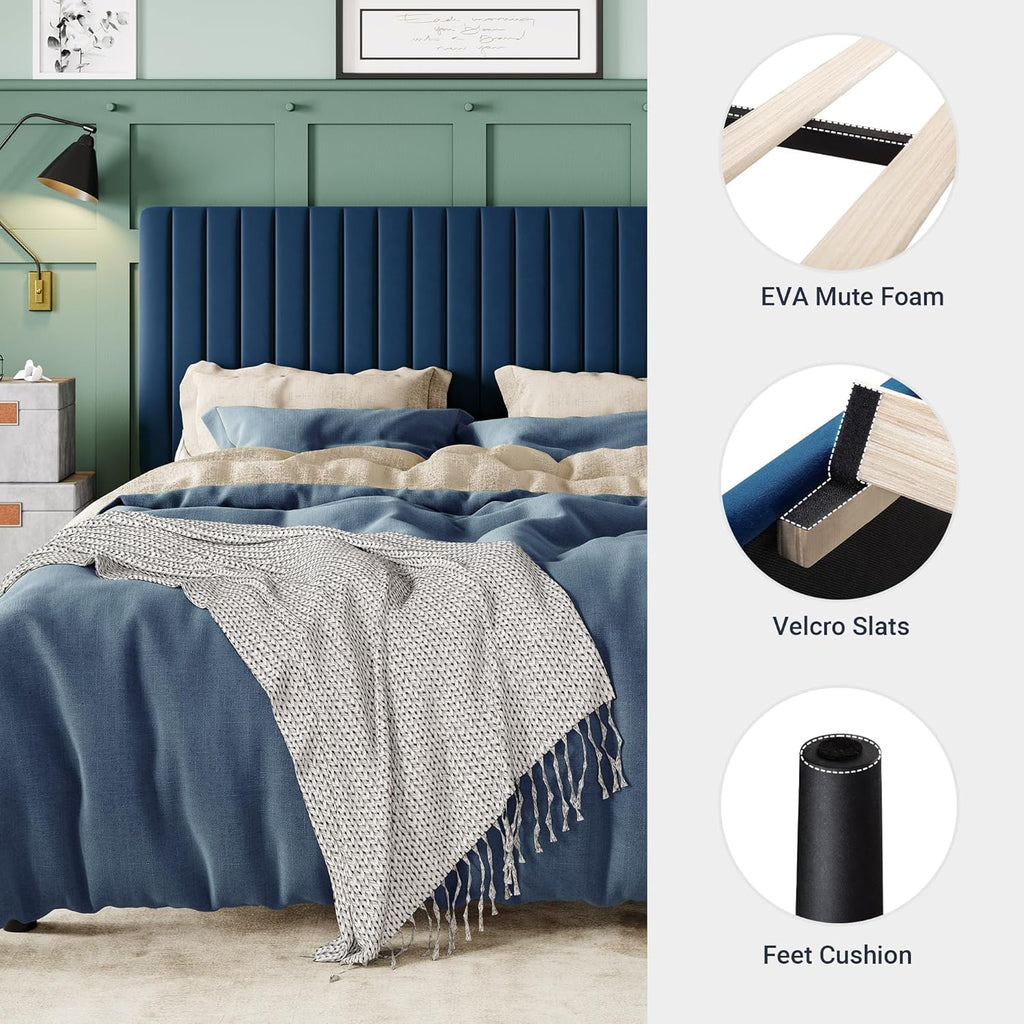 Allewie Queen Bed Frame, Velvet Upholstered Platform Bed with Adjustable Vertical Channel Tufted Headboard, Mattress Foundation with Strong Wooden Slats, Box Spring Optional, Easy Assembly, Navy Blue
