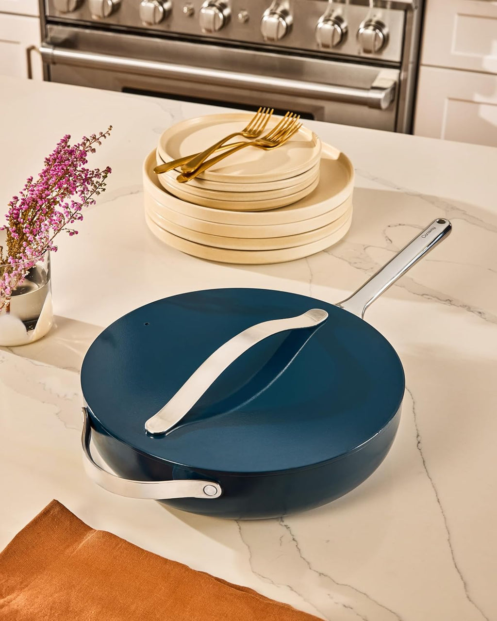 Caraway Nonstick Ceramic Sauté Pan with Lid (4.5 qt, 12') - Non Toxic, PTFE & PFOA Free - Oven Safe & Compatible with All Stovetops (Gas, Electric & Induction) - Cream