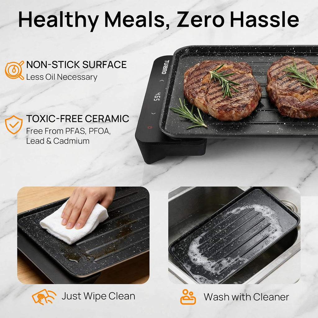 TURBRO EG13 Portable Electric Griddle, Low-Power 300-600W, Thick-Film Fast Heating to 465°F, Non-Stick Smokeless Indoor/Outdoor Grill with Smart NTC Temp Control for RV, Camping & Picnics