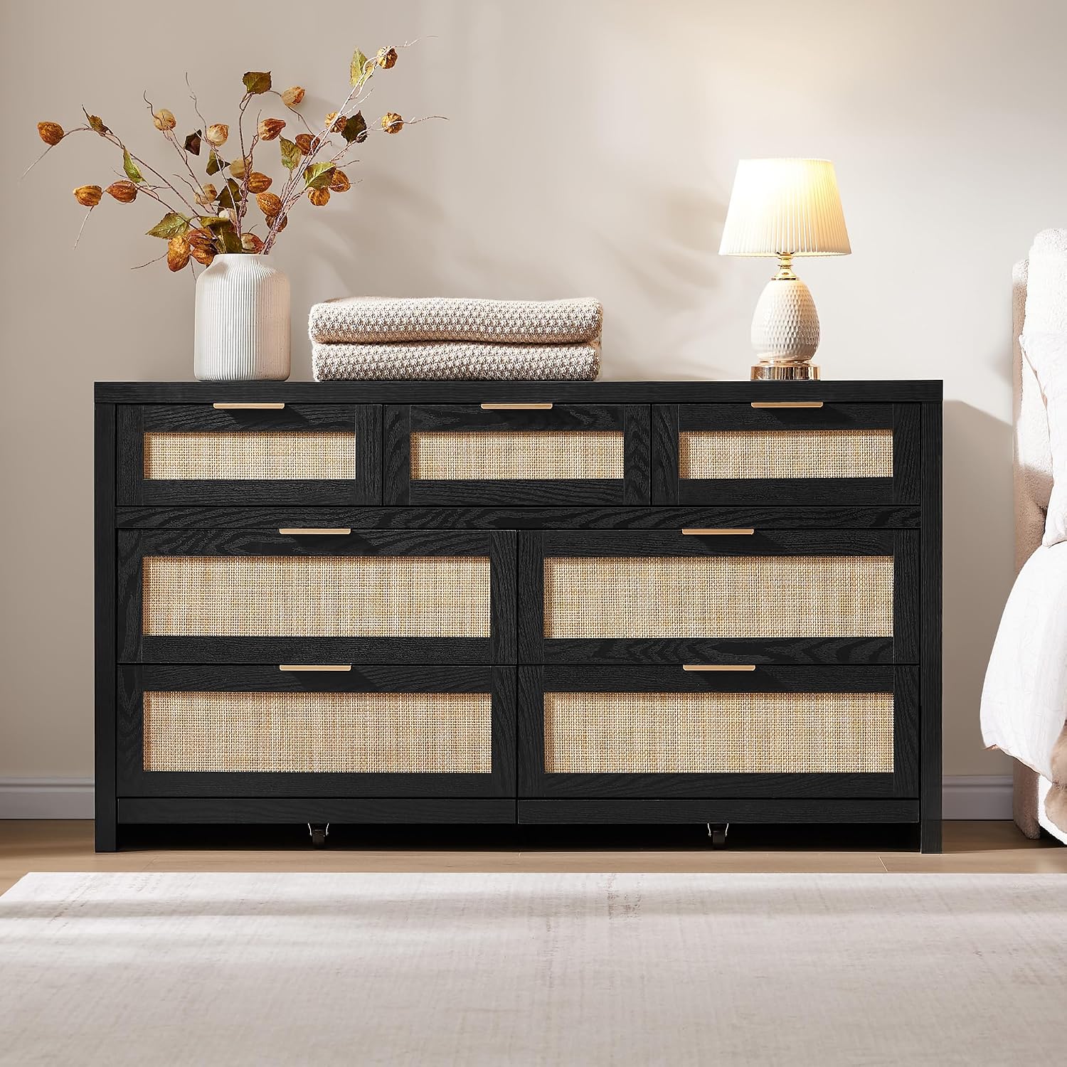 SICOTAS 7 Drawer Dressers for Bedroom Set 2, Long Rattan Dresser, Dresser TV Stand, Closet Organizer Chest of Drawers, Clothes Storage Dressers (Black Oak, 7 Drawers (2 pcs))