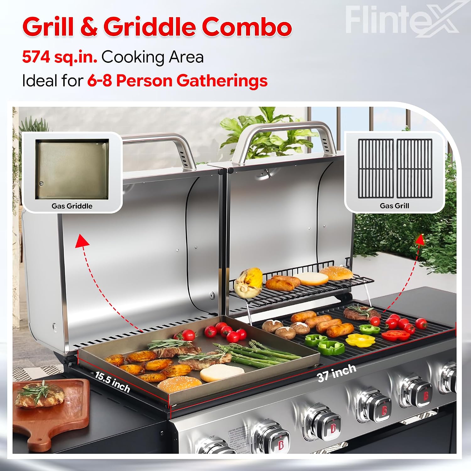 Flintex 6 Burner Propane Gas Grill Griddle Combo with Porcelain-Enameled Cast Iron Grates & Cast Iron Pan, Dual Outdoor BBQ Grill With Flat Top Griddle for Backyard Barbecue, 610 sq.in.
