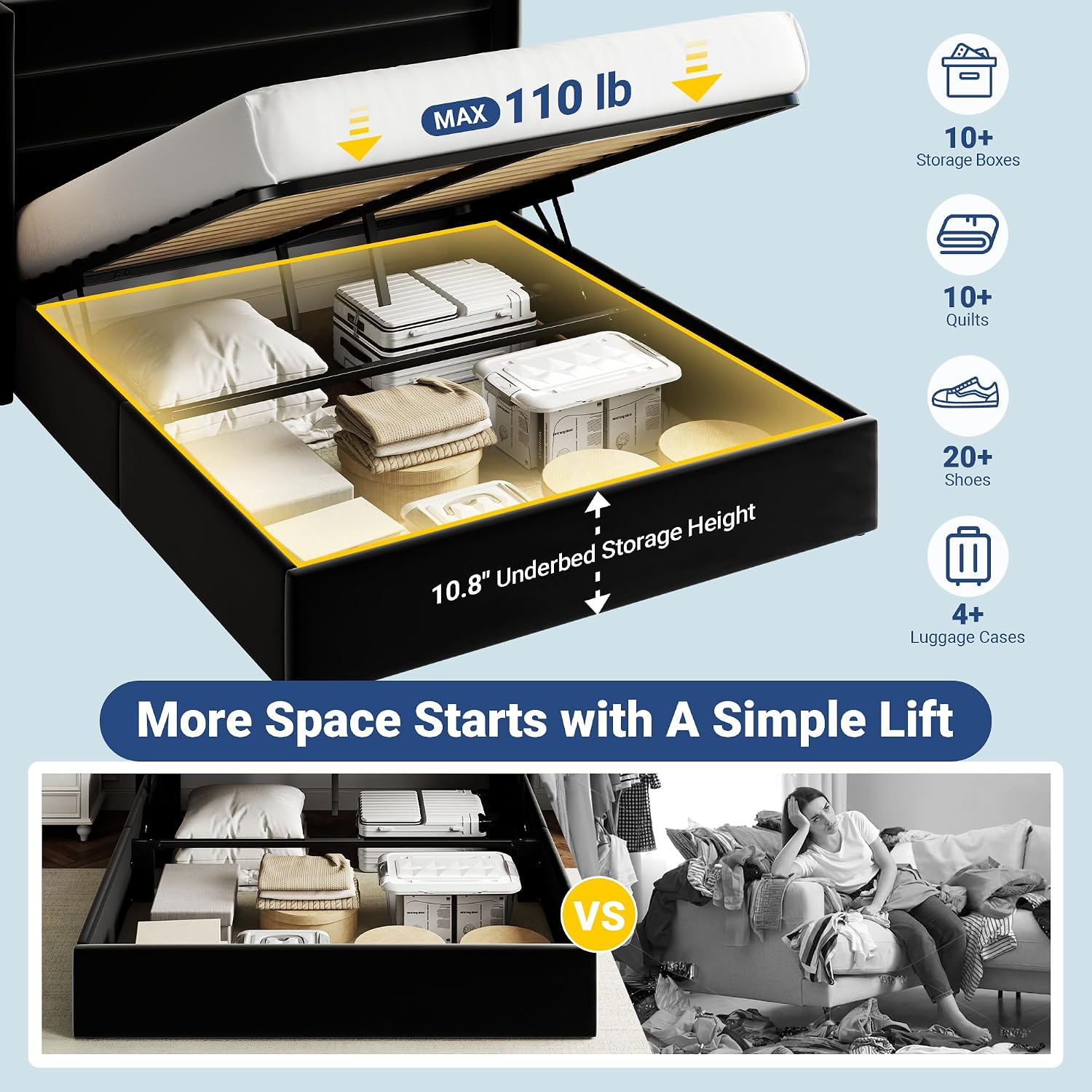 Allewie Queen Size Velvet Lift Up Storage Bed, Modern Wingback Headboard, Hydraulic Support, No Box Spring Needed, Black