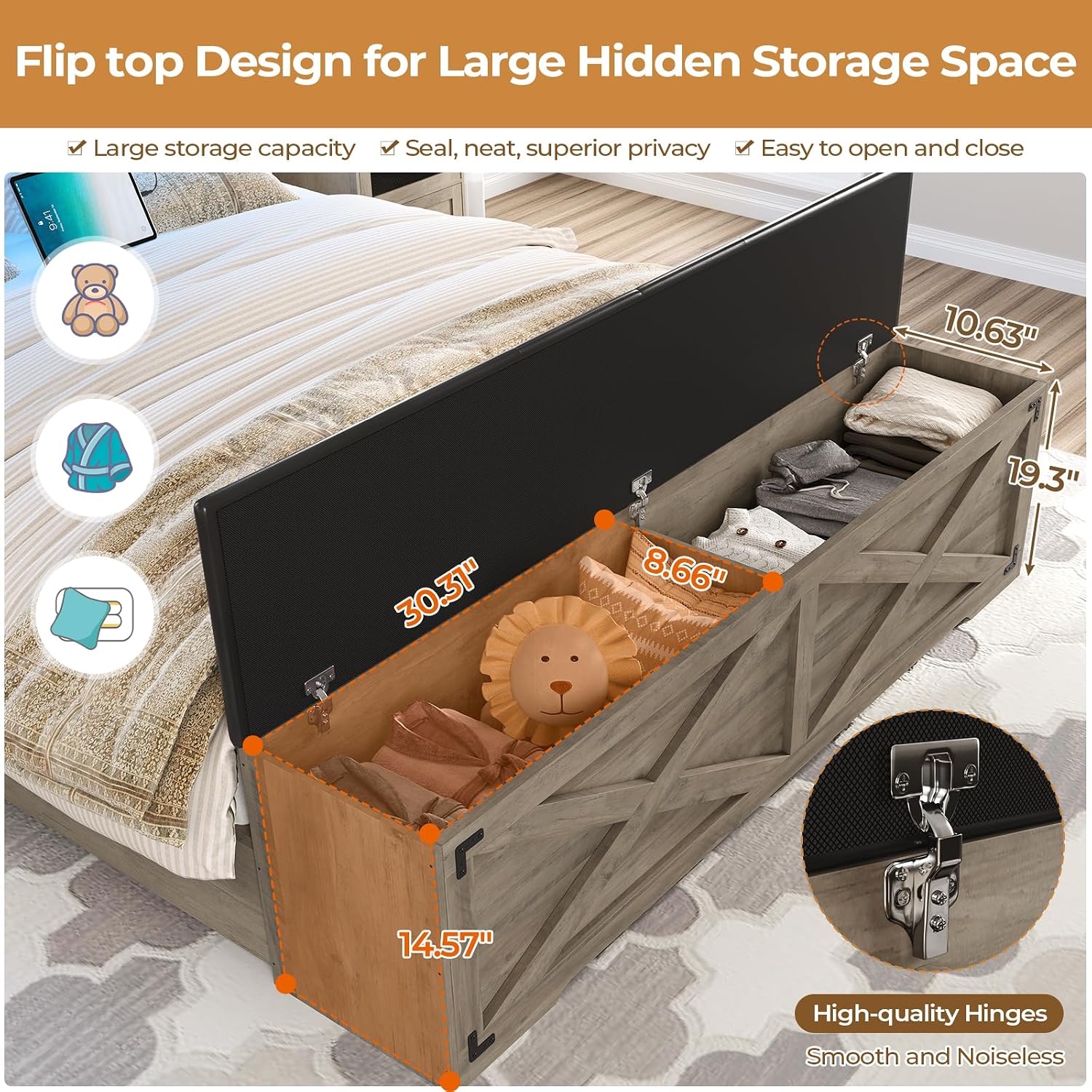 DICTAC Farmhouse Queen Bed Frame with Storage Headboard and Charging Station Wood Platform Bed Frame Queen Size with Storage Ottoman and Led Lights,Metal Slats Support,No Box Spring Required,Oak Gray