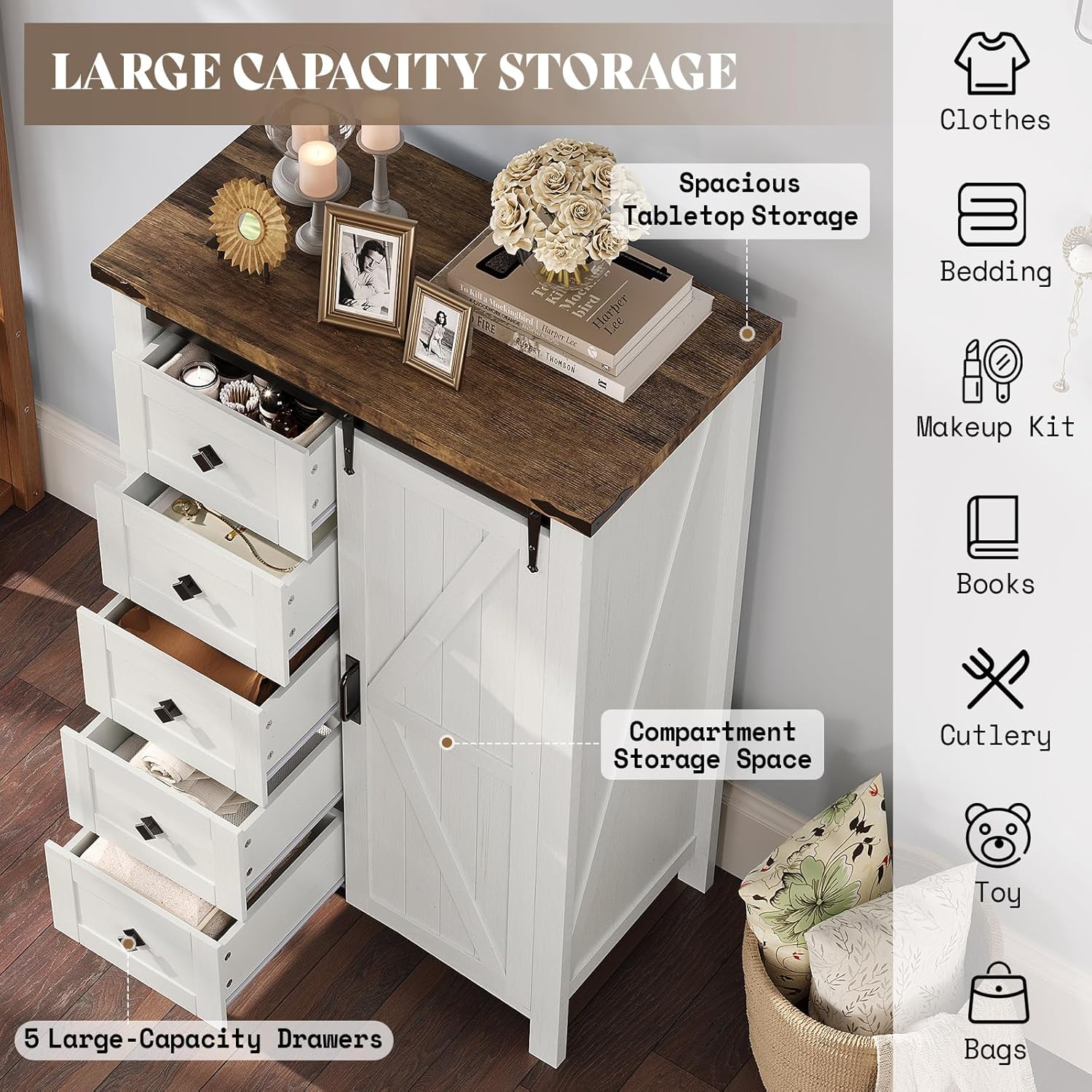 AMERLIFE 4-Piece Farmhouse Bedroom Set in Distressed White, Full Size Bed Frame with Bookcase Headboard, 5-Drawer Tall Dresser, 47'' Dresser with 4 Drawers, 60' Dresser with 4 Drawers