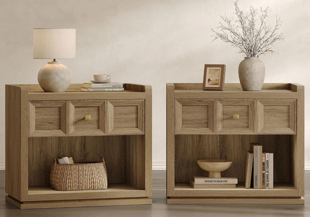 SICOTAS Night Stand Set 2, 26' Wide Nightstands with Drawer, Large Queen Size Nightstands Set of 2, Modern Bedside Table for Bedroom, Side End Table (Brown Oak, 26-Inch)