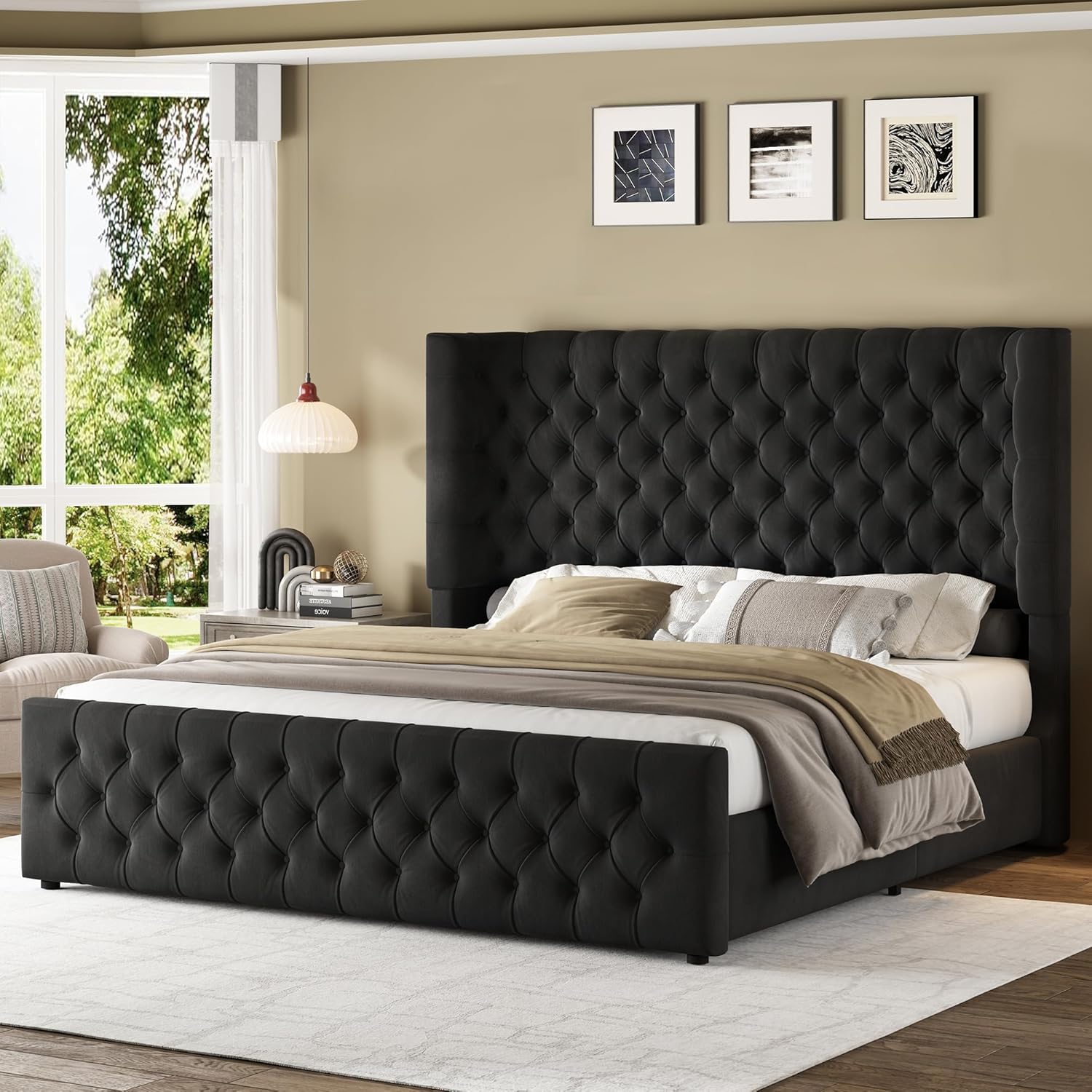 Jocisland King Size Platform Bed Frame, 6.3' Thick Upholstered Curved Wingback Headboard and Footboard with Deep Button Tufted, Easy Assembly, No Box Spring Needed, Black Velvet